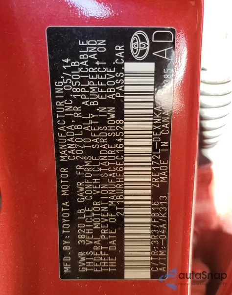 2014 Toyota Corolla L из США, поврежденный, VIN 2T1BURHE6EC164528